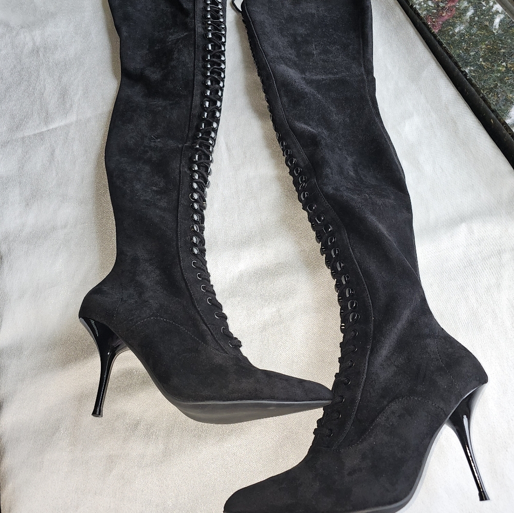 Jeffrey Campbell BURNED BLACK SUEDE Over The Knee  Boots Sz 6.5 - Picture 7 of 16